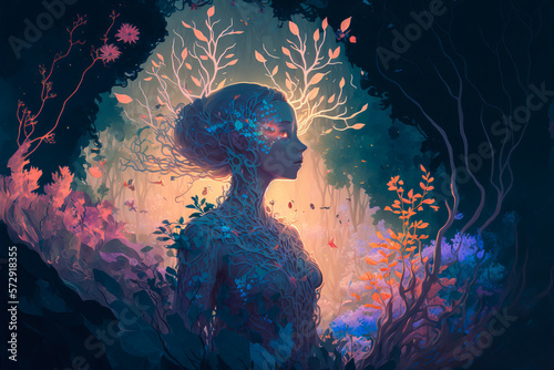 Sublime image of a being floating in a forest, accompanied by plants, flowers and soft pastel colors for a soothing fantasy effect. Generative AI photo