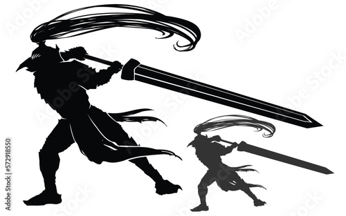 A black silhouette of an inhumanly strong knight swinging a heavy long sword, wearing plate armor with a helmet in the form of a bird's beak and a long tail , in an epic pose of a fighting warrior.
