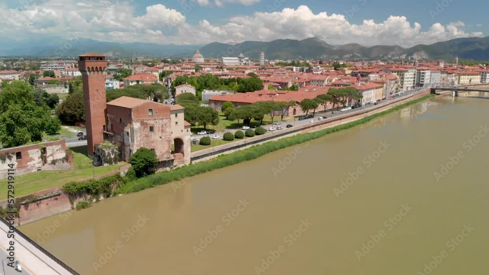 Aerial view of Pisa cityscape from Citadel Tower. Arno river and city homes Aerial view of Pisa cityscape from Citadel Tower. Arno river and city homes