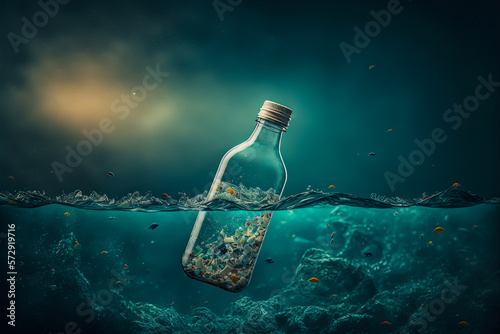 A white plastic bottle floating in a dark ocean filled with garbage. Representative image of the devastating impact of plastic waste on the environment. Generative AI photo