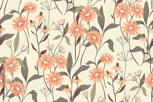 Seamless floral pattern with wild botany in light delicate colors. Beautiful botanical print design with hand drawn plants: wildflowers, small flowers branches, leaves, herbs. Vector illustration. © Yulya i Kot