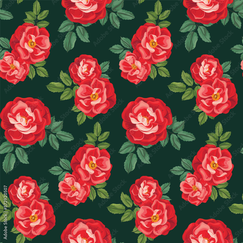 Seamless floral pattern, beautiful flower print with large red roses. Elegant botanical design in vintage style: lush hand drawn flowers, leaves on a dark green background. Vector illustration.