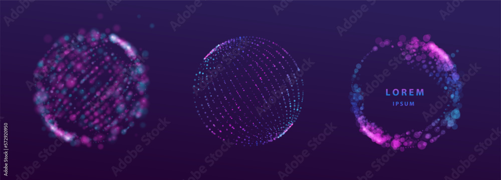 Set of particles neon splash earth globe sphere shapes design. Modern technology and science big data ai vector.