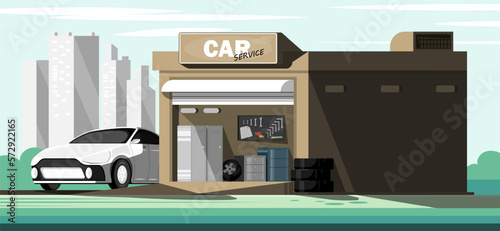 Cartoon scene garage car service, Digital marketing illustration.