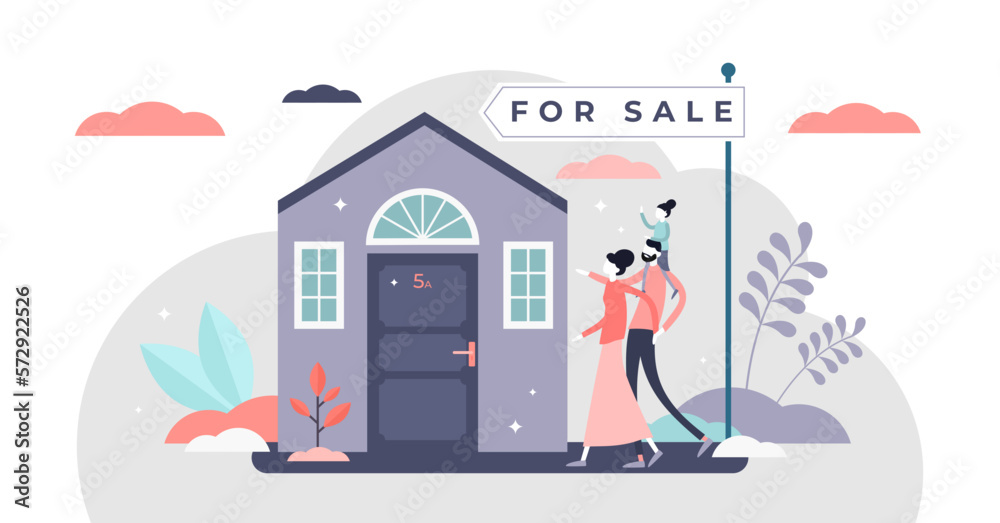Home for sale illustration, transparent background. Buy house in flat tiny persons concept. Family purchase investment in real estate property. New residential building.
