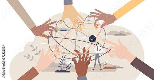 Community support and teamwork unity in complex challenge tiny person concept, transparent background. Social help and partnership to solve common problem illustration.