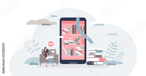Online library and internet literature reading resource tiny person concept, transparent background.E-learning with digital books from smartphone application illustration.