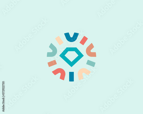 Diamond logo design. Gem logotype in a frame from colored shapes. Universal jewelry store jewel treasure vector sign. Vector illustration.