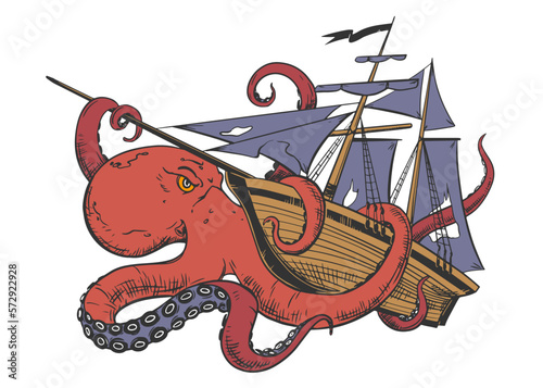 An angry kraken is attacking a commercial sailboat. The octopus wraps its tentacles around the sailboat and pulls it to the bottom. Vector image of a monster for logo and t-shirt or mascot print.