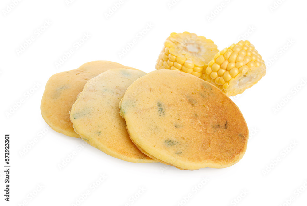 Tasty corn pancakes with cobs on white background Tasty corn pancakes with cobs on white background