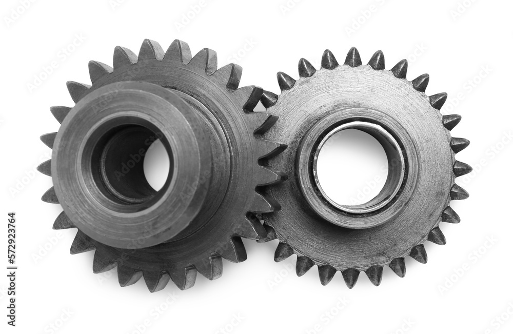 Stainless steel gears isolated on white, top view Stainless steel gears isolated on white, top view