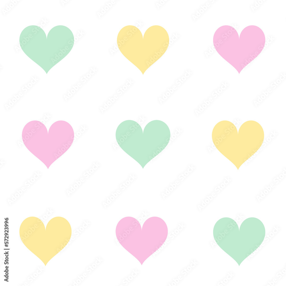yellow, green and pink hearts on white ground seamless pattern background