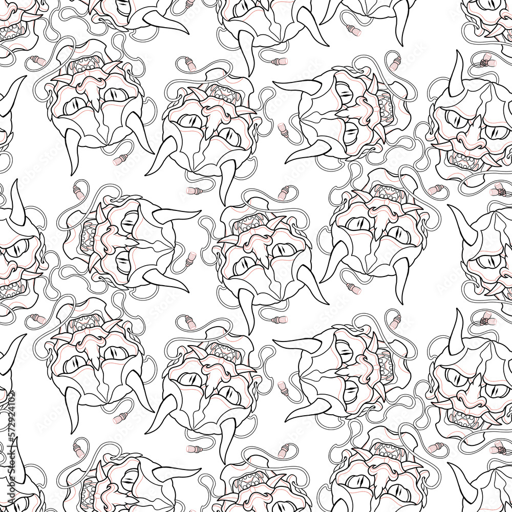 Hannya Mask Japanese Tattoo Seamless Pattern. Hand Drawn Seamless Pattern. Oni mask Hannya Mask Japanese Tattoo Seamless Pattern. Hand Drawn Seamless Pattern. Oni mask