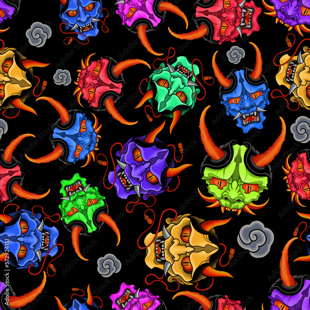 Hannya Mask Japanese Tattoo Seamless Pattern. Hand Drawn Seamless Pattern. Oni mask Hannya Mask Japanese Tattoo Seamless Pattern. Hand Drawn Seamless Pattern. Oni mask