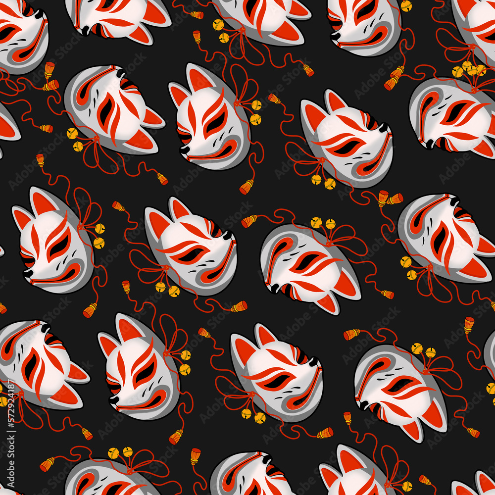 Naklejka premium Kitsune Mask Japanese Tattoo Seamless Pattern. Japanese Fox Mask. Hand Drawn Seamless Pattern