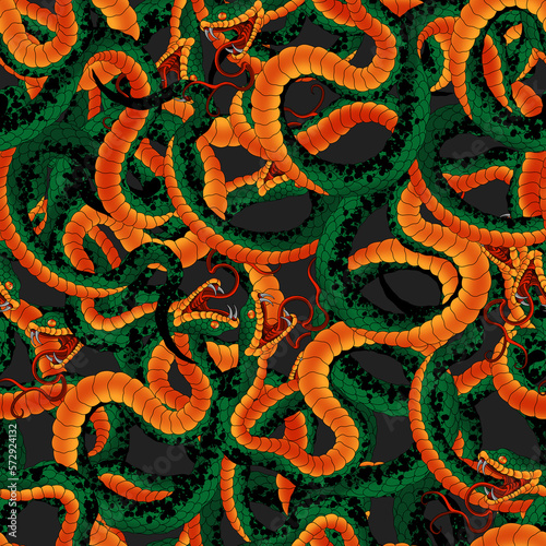 Snakes Japanese Tattoo Seamless Pattern. Hand Drawn Seamless Pattern