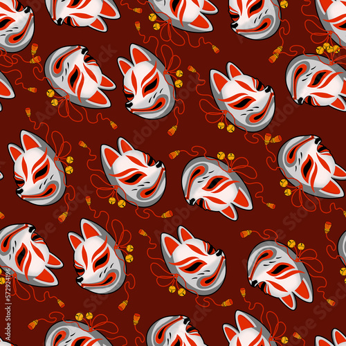 Kitsune Mask Japanese Tattoo Seamless Pattern.  Japanese Fox Mask. Hand Drawn Seamless Pattern