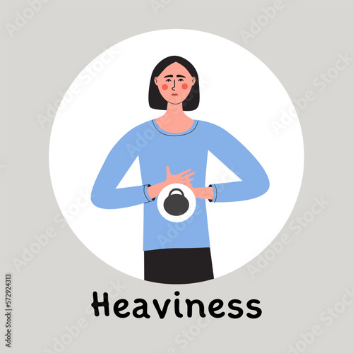 Young woman suffering from heaviness in stomach. Gastritis symptom. Isolated vector medical illustration