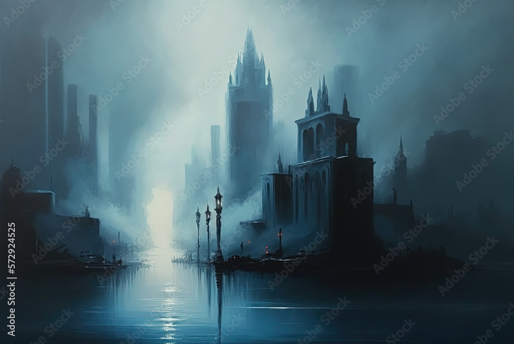 Sublime tonal oil painting of a dystopian city behind water, thick smog, blue. Generative AI.