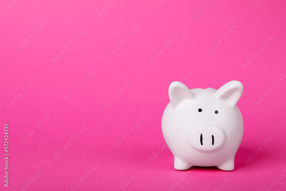 Ceramic piggy bank on pink background, space for text. Financial savings Ceramic piggy bank on pink background, space for text. Financial savings