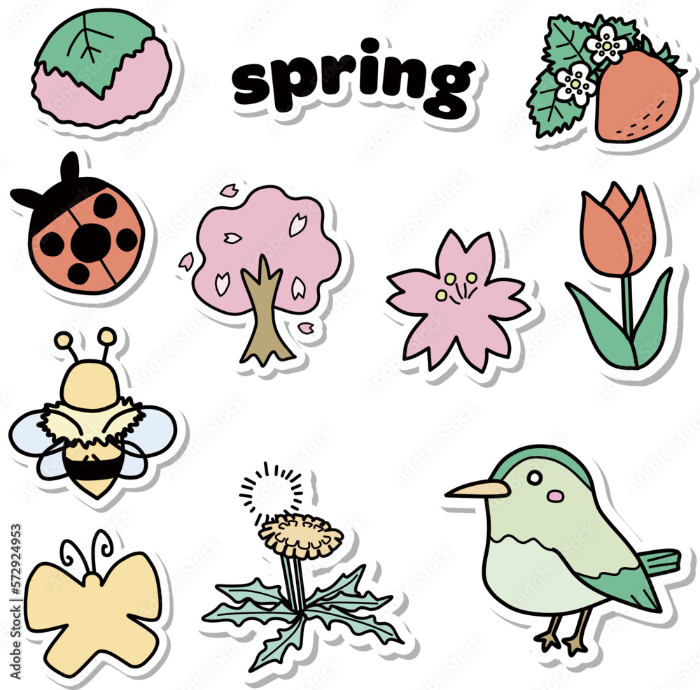 Obraz premium 春をイメージした小物カラーイラストセットシール風