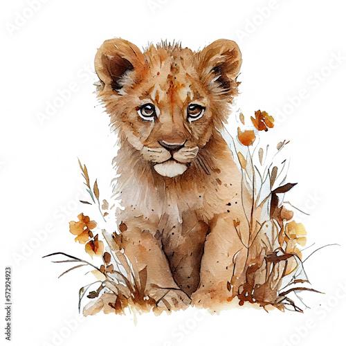 Adorable cartoon watercolor illustration of a baby lion on a white background  perfect for a nursery or children room. Generative AI