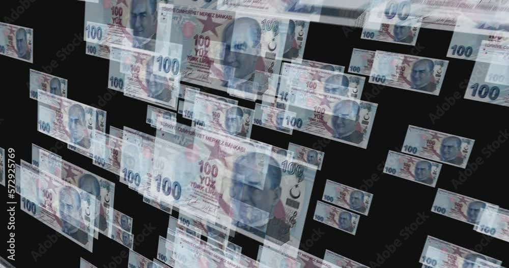 Turkish Lira 100 TRY banknote loop. Flying between transparent money Turkey note. 3D seamless looped abstract concept of business, economy, finance, crisis and banking. Turkish Lira 100 TRY banknote loop. Flying between transparent money Turkey note. 3D seamless looped abstract concept of business, economy, finance, crisis and banking.
