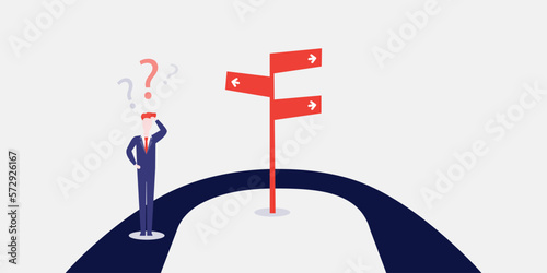 No Choice, Only Backwards? -  Business or Career Decisions Design Concept with U Turn, Road Sign and Uncertain Man Thinking of His Options, What Way to Choose for the Future - Vector Illustration