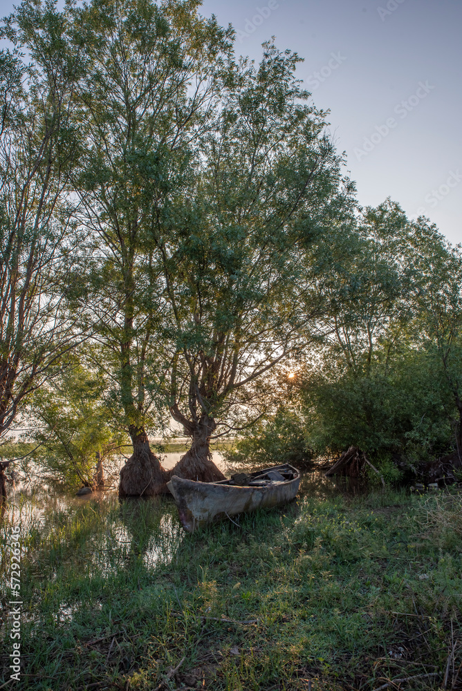 View of lake isikli of denizli province with boat trees and reflection at sunset with clouds on blue sky View of lake isikli of denizli province with boat trees and reflection at sunset with clouds on blue sky