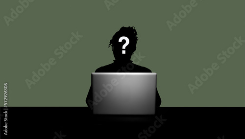 Weibliche Person als Silhouette vor einem geöffneten Laptop und grünem Hinter...