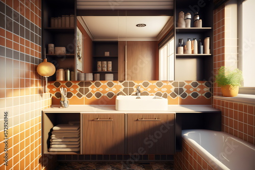 interior 1970s style retro bathroom with orange and brown tiles, created with generative ai