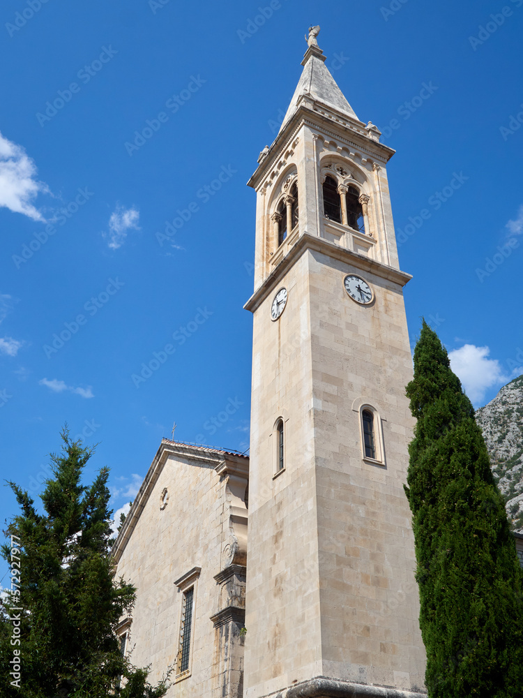 Tower bell of the Church of St. Eustace (Sv. Eustahije). Church of St. Eustachius in Dobrota, Kotor bay, Montenegro, Europe