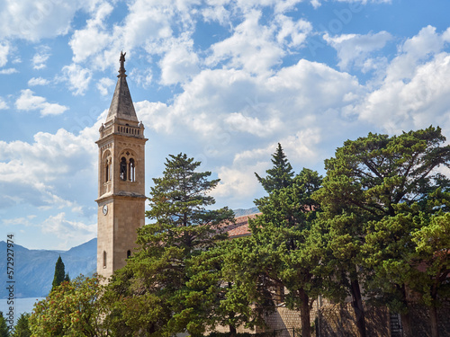 Tower bell of the Church of St. Eustace (Sv. Eustahije). Saint Eustachius church in Dobrota. Kotor bay, Montenegro, Europe