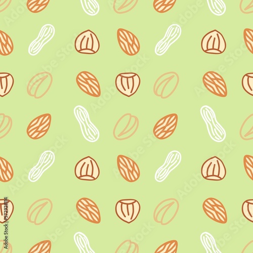 Nuts contour image of almonds, hazelnuts, peanuts and pistachios on a light green background, seamless pattern, hand drawn digital drawing.