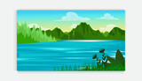 Nature scene with trees , blue sky ,hill, river. A beautiful lake landscape. Flat vector countryside cartoon style illustration of nature landscape with trees and mountain above river.