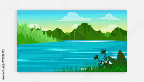 Nature scene with trees , blue sky ,hill, river. A beautiful lake landscape. Flat vector countryside cartoon style illustration of nature landscape with trees and mountain above river.