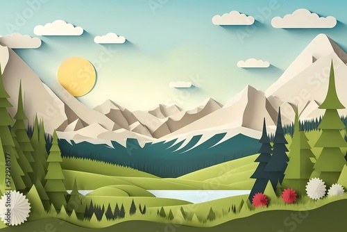 Mountains papercut background. Art style landscape illustration in craft style. Layered spring or summer design with mountains, forest, grass, sun and cloud. Space for text.