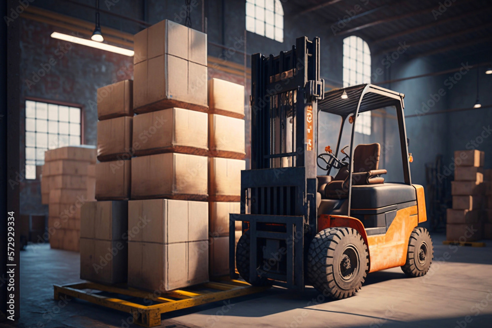 Forklift loads pallets and boxes in warehouse - AI generative