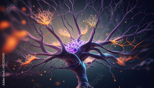 Neurons, Active nerve cells, Conceptual illustration of neuronal cells with bright connecting nodes in the abstract dark space, illustration in high resolution, 3D rendering