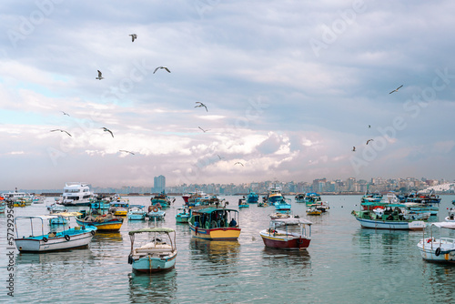 Harbor of Fishing Boats Floating on Blue Sea Water, Alexandria, Egypt. Africa.