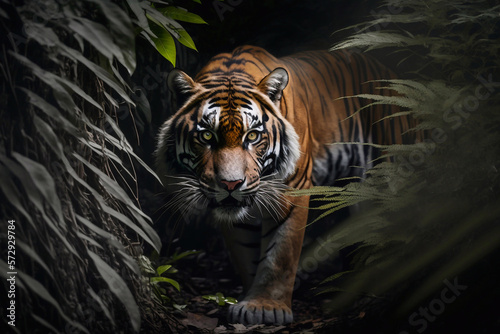 Tiger in tropical rainforest at night dark background. Generative AI