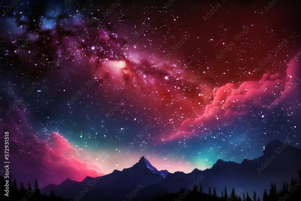 galaxy sky over silhouetted mountain range and forest trees, created with generative ai
