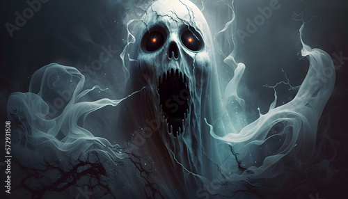 Scary, spooky ghost with red glowing eyes. photo