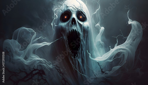 Scary, spooky ghost with red glowing eyes.
