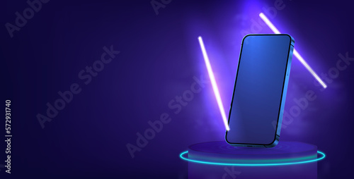 A mobile phone in futuristic stage with neon. 3D smartphone mockup with blank screen. Futuristic mobile phone levitates on a podium for presentation. Template cellphone for UI, UX, GUI, HUD. Vector