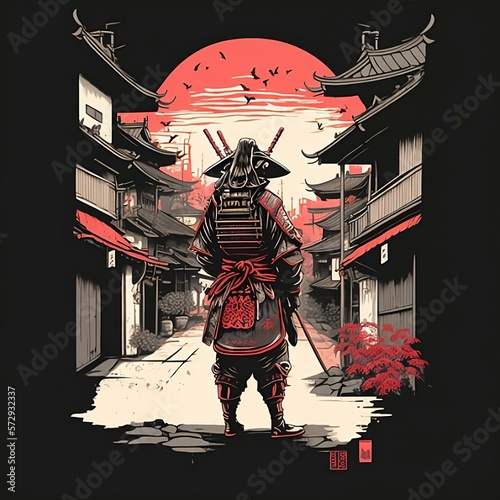 Japanese samurai in old town illustration (ID: 572932337)