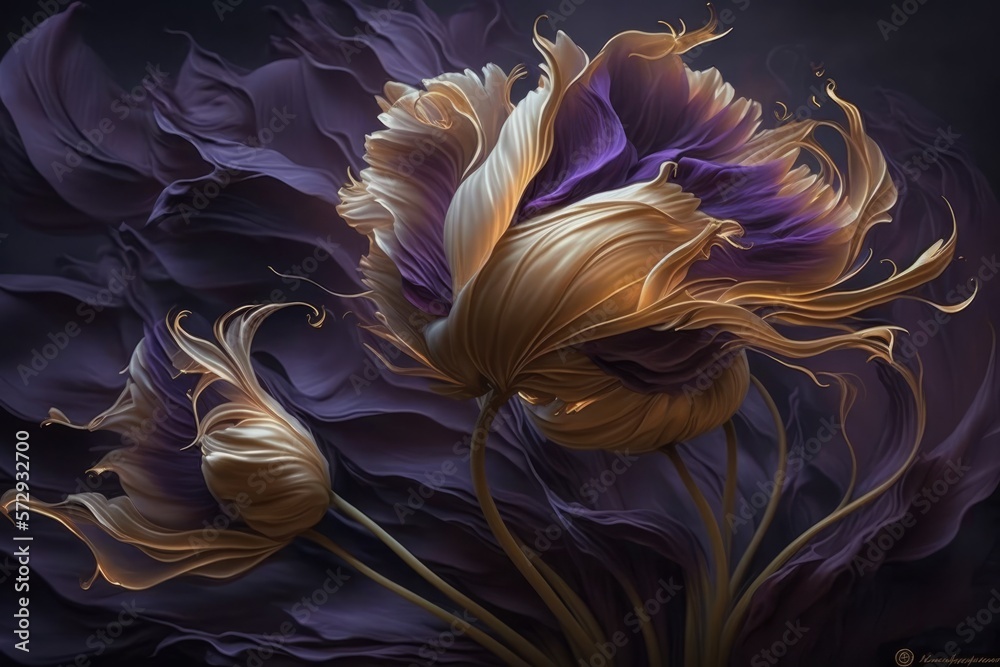Purple and golden tulips on storm. Closeup on black background. Generative ai.