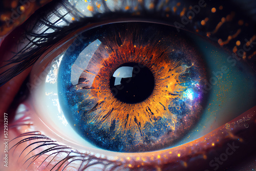 Close up of eye, cosmic nebula and galaxy in iris. generative AI
