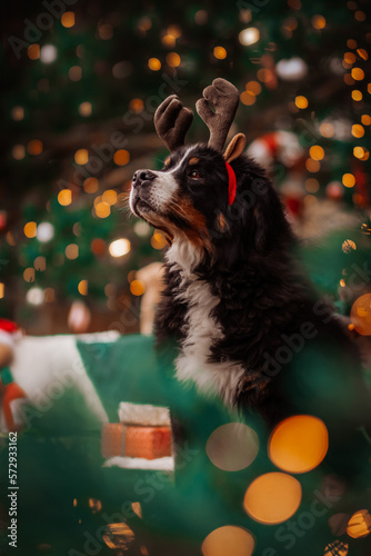 Bernese Mountain Dog as a reindeer by the Christmas tree lights and presents