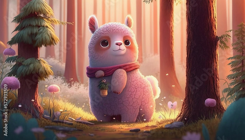 Little pastel lama in a forest sooo soft sooo Kawaii Generative AI photo